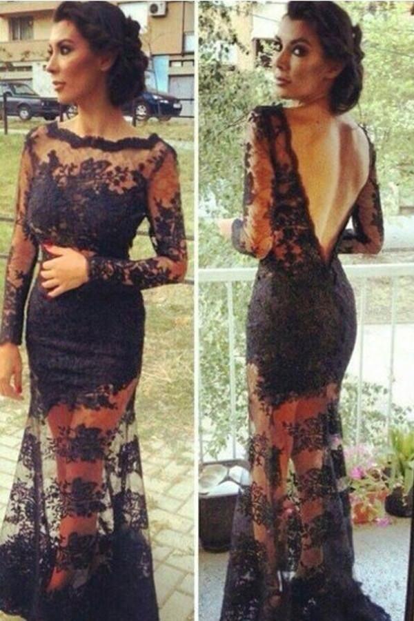 Mermaid Lace Long Sleeves Open Back Prom Dresses Evening Gowns PG331 - Tirdress