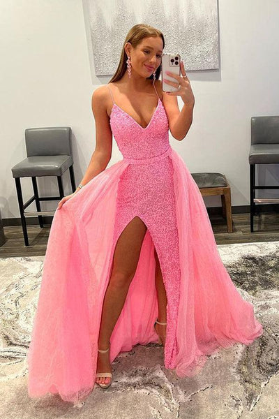 Mermaid V Neck Open Back Cross Back Light Pink Detachable Prom Dresses US18 / Custom Color Mermaid V Neck Open Back Cross Back Light Pink Detachable Prom Dresses US18 / Custom Color