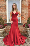 Mermaid V Neck Red Satin Long Prom Formal Dresses with Bow TP1083 - Tirdress
