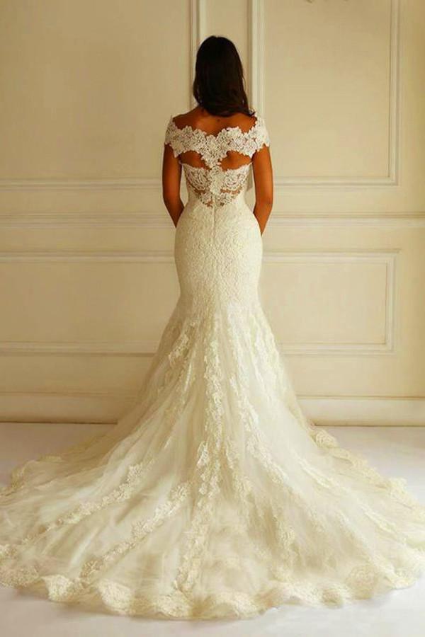 Mermaid Off the Shoulder Lace Wedding Dress With Court Train TN0060 - Tirdress
