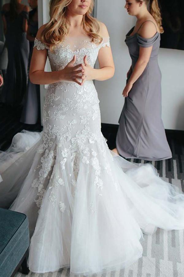 Mermaid Off-the-Shoulder Court Train Tulle Wedding Dress with Appliques WD097 - Tirdress