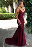 Mermaid Spaghetti Straps Burgundy Lace Backless Prom Dress PG470 - Tirdress