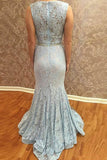 Mermaid Square Neck Sweep Train Blue Lace Prom Dress with Beading PG427 - Tirdress