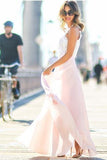 Modest Chiffon A Line Long Prom Dresses,Blush Pink White Lace Evening Dresses TN162 - Tirdress