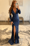 Navy Blue V-Neck Mermaid Long Sleeve Sequin Prom Dresses TP1106 - Tirdress