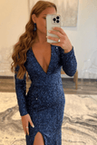 Navy Blue V-Neck Mermaid Long Sleeve Sequin Prom Dresses TP1106 - Tirdress
