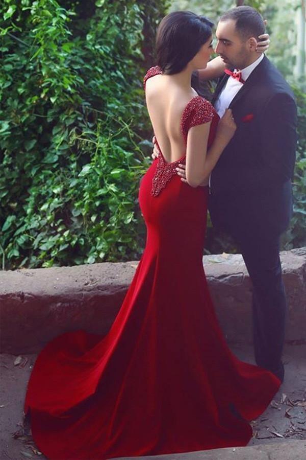 V Neck Cap Sleeves Long Backless Red Mermaid Prom Dress with Beading PG370 - Tirdress