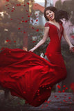 V Neck Cap Sleeves Long Backless Red Mermaid Prom Dress with Beading PG370