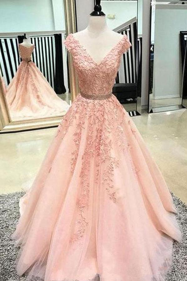 V Neck Cap Sleeves Peach Lace A line Long Evening Prom Dresses
