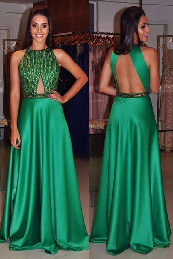 Neck Sleeveless Green Prom Dress Open Back with Beading PG356 - Tirdress