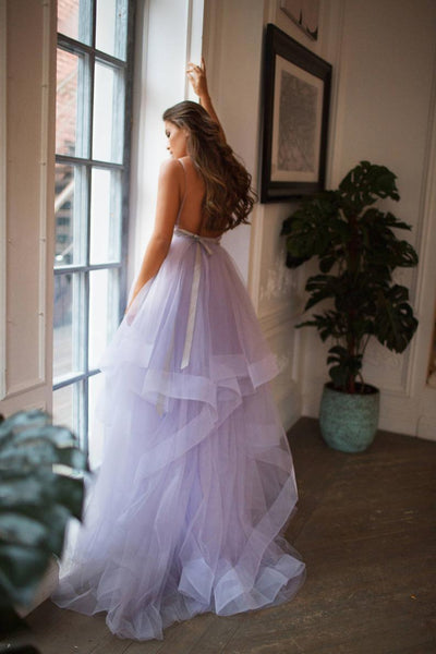 V Neck Spaghetti Straps Lavender Wedding Dresses Backless Bridal Gown US0 Custom Color