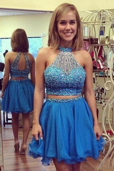 Nectarean Two Pieces Halter Sleeveless Homecoming Dress with Beaded Tirdress