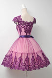 Square Cap Sleeves Knee-Length Purple Homecoming Dress With Sash TR0111 - Tirdress