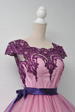 Square Cap Sleeves Knee-Length Purple Homecoming Dress With Sash TR0111 - Tirdress