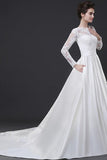 Off Shoulder Long Sleeve Wedding Dress Court Train With Lace Appliques TN0104 - Tirdress