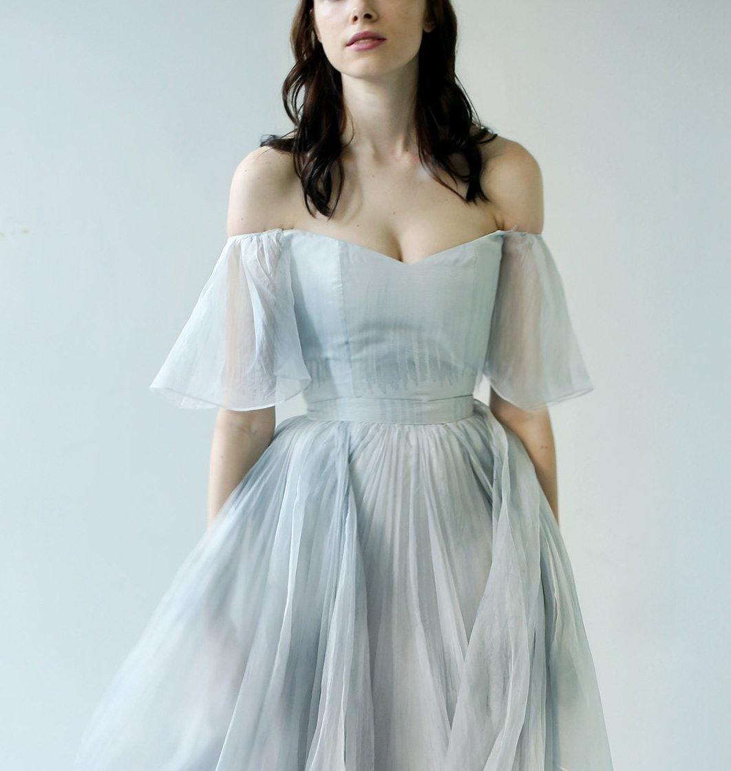 Off-the-Shoulder Unique Grey Blue Long Prom Dresses Wedding Dresses TN249 - Tirdress