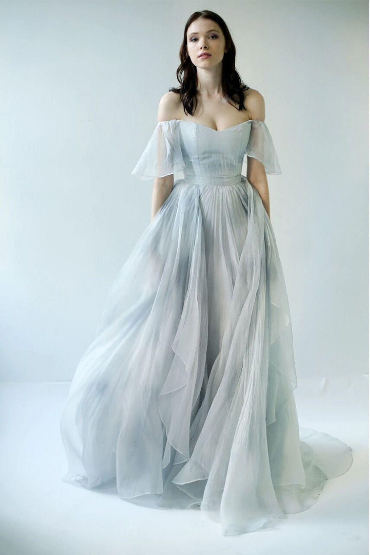 Off-the-Shoulder Unique Grey Blue Long Prom Dresses Wedding Dresses TN249 - Tirdress