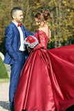 Off-the-Shouler Sweep Train Long Sleeves Burgundy Satin Prom Dress PG441 - Tirdress