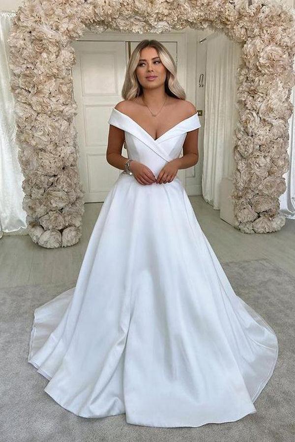 Simple Satin Wedding Dresses White Ivory Long Sleeves Sweep Train Bridal  Gowns
