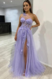 One Shoulder Purple Blue Lace Split Prom Dresses Evening Dresses TP1215 - Tirdress