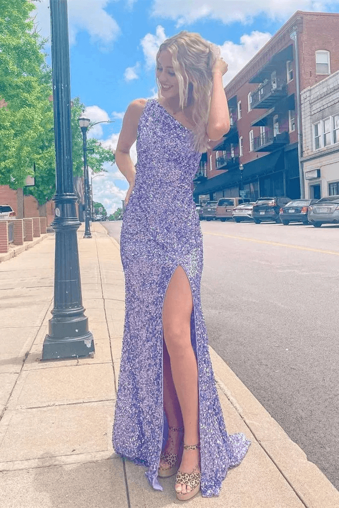One Shoulder Stunning Lavender Sequins Long Prom Dress With Slit TP1105 - Tirdress