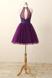 Open Back Illusion Back Purple Homecoming Dress With Sequins Crystal TR0077 - Tirdress