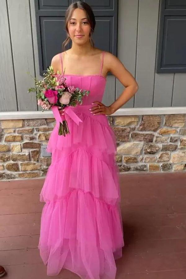 Princess Hot Pink Tiered Tulle Long Prom Dress Evening Dress TP1144 - Tirdress