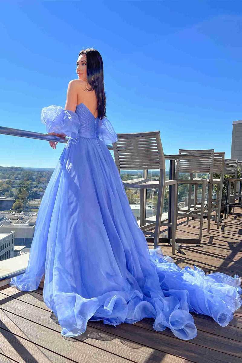 Princess Blue Puff Sleeves Pleated Long Prom Formal Dress TP1140 - Tirdress
