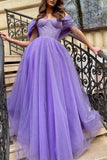 Purple Tulle A Line Long Prom Dress Off The Shoulder Evening Dress TP1087 - Tirdress