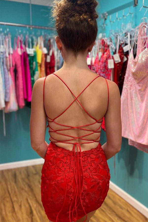 Red Appliques Plunge V Neckling Lace Up Homecoming Dress HD0173 - Tirdress
