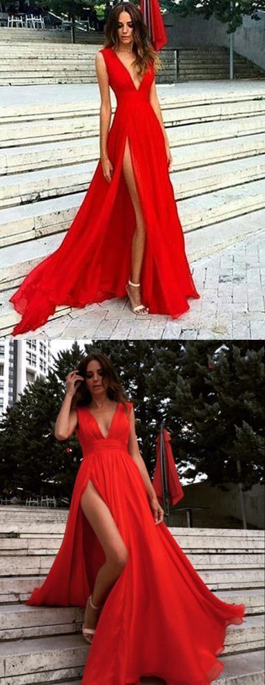 Red Split Prom Dresses,V Neck Chiffon Evening Dresses, Sexy Party Gowns TP0142 - Tirdress