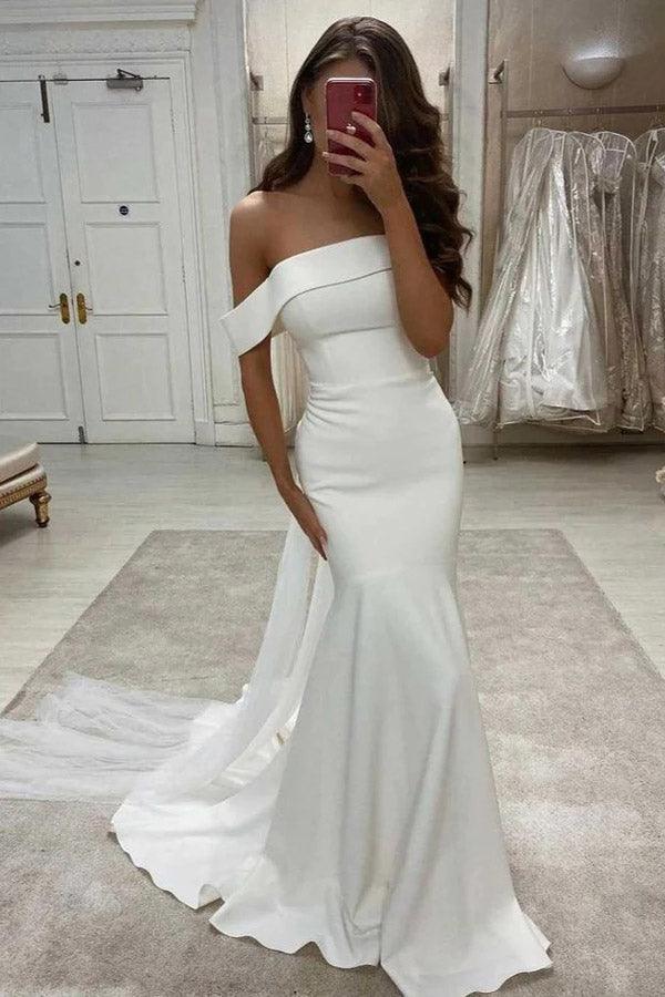 Romantic Simple Mermaid Off The Shoulder Ivory Satin Wedding Dress TN323 - Tirdress