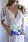 Romantic A-line White Lace Long Wedding Dress with Open Back WD111 - Tirdress