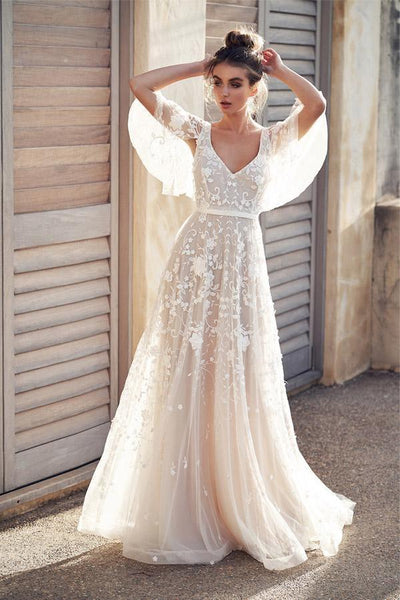 Romantic Ivory Flower Appliques Wedding Dress Lace Long Bridal Dresses Tirdress