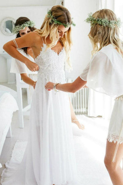 Spaghetti Strap Deep V Neck Beach Wedding Dresses With Applique Tirdress