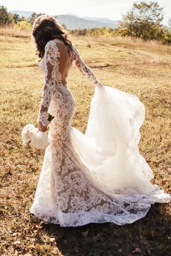 Long sleeve lace wedding dress low back hotsell