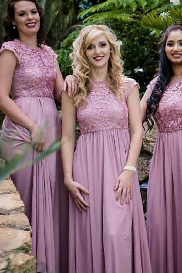 Round Neck Cap Sleeves Chiffon Bridesmaid Dress with Lace BD050 - Tirdress