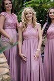 Round Neck Cap Sleeves Chiffon Bridesmaid Dress with Lace BD050 - Tirdress