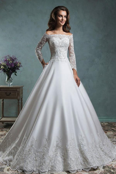 chinese dress ladies Satin Lace Applique Wedding Dress Off The Shoulder Long Sleeve Jacket US18 / Custom Color