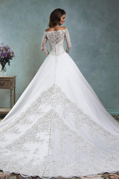 Satin Lace Applique Wedding Dress Off The Shoulder Long Sleeve Jacket US10 / Custom Color Satin Lace Applique Wedding Dress Off The Shoulder Long Sleeve Jacket US10 / Custom Color