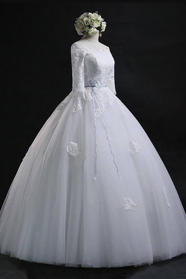 Scoop Ball Gown Bateau Long Tulle Wedding Dress With Lace WD013 - Tirdress