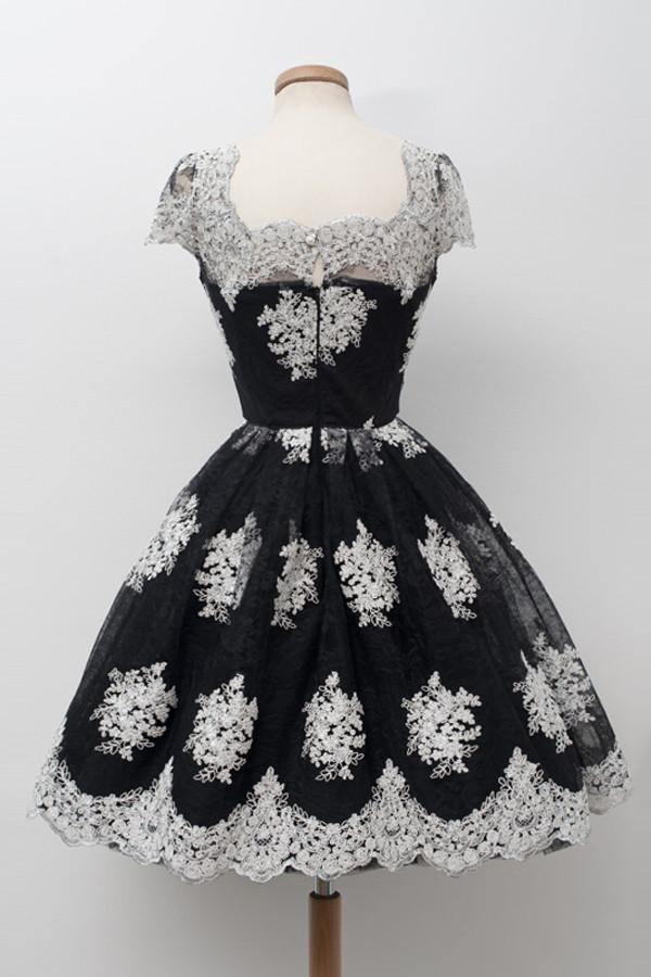 Scoop Black Homecoming Dress Knee-Length White Lace Cap Sleeves TR0108 - Tirdress