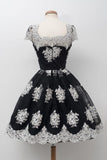 Scoop Black Homecoming Dress Knee-Length White Lace Cap Sleeves TR0108 - Tirdress