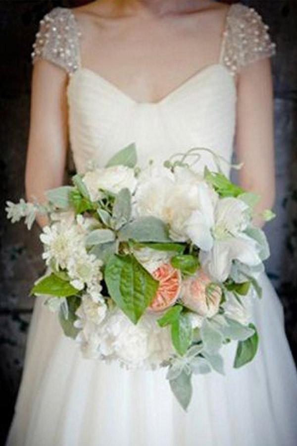 Scoop Cap Sleeves Sweep Train Beading Pleated Wedding Dress with Beading WD106 - Tirdress