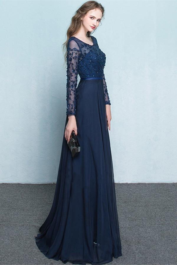 Scoop Chiffon Neck Long Sleeves Beading Evening Dress Prom Dress PG322 - Tirdress