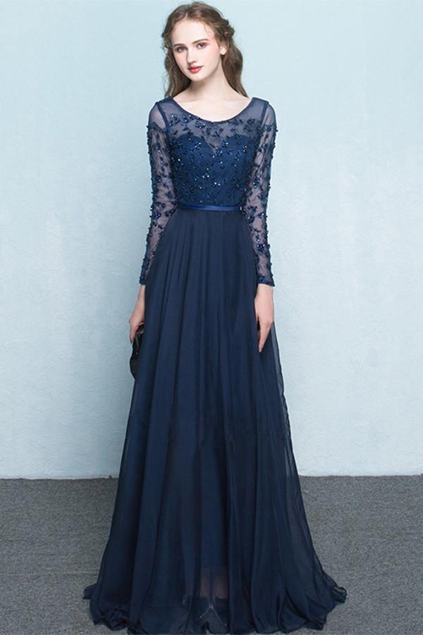 Scoop Chiffon Neck Long Sleeves Beading Evening Dress Prom Dress PG322 - Tirdress
