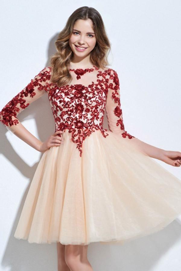 Scoop 3/4 Length Sleeves Appliques Sequins Knee-Length Cocktail Dress PG118 - Tirdress