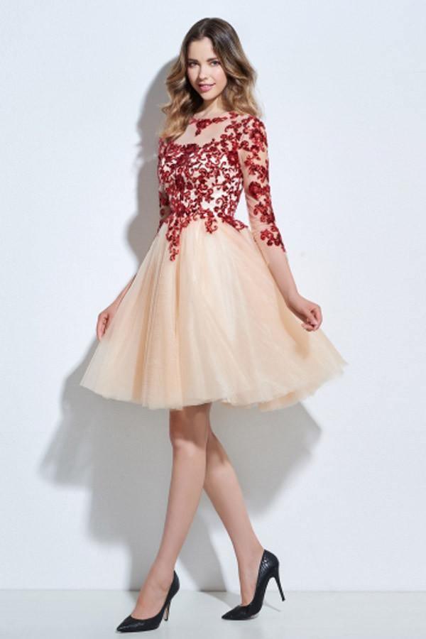 Scoop 3/4 Length Sleeves Appliques Sequins Knee-Length Cocktail Dress PG118 - Tirdress