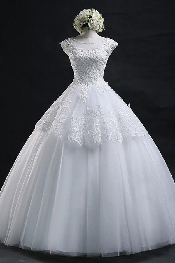 Scoop Long Lace-up Tulle Wedding Dress Ball Gown With Appliques WD012 - Tirdress