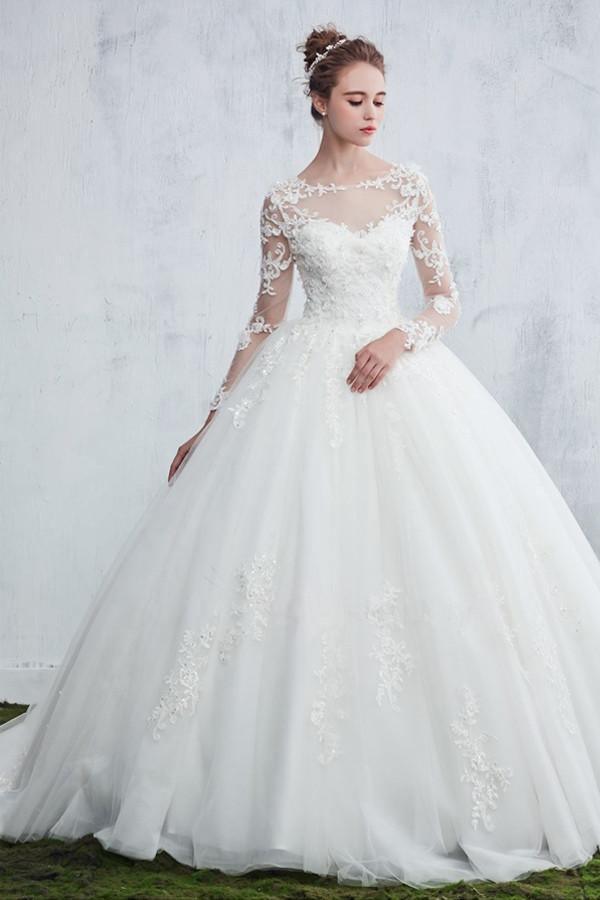 Scoop Neck Beaded Appliques Ball Gown Wedding Dress With Sleeves WD046 - Tirdress